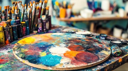 A colorful artist's palette surrounded by paintbrushes and art supplies.