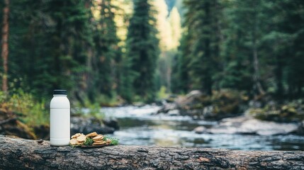 Obraz premium A bottle beside snacks on a log near a serene river in a forest setting.