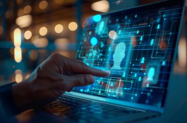 A person is using their laptop to log in with an ID card, and a digital identity icon appears on top of it