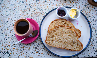 breakfast with slices of bread and coffee