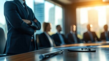 Guidance from a business mentor helping a team adapt to industry shifts, selective focus, realistic, manipulation, corporate boardroom backdrop, Guidance coaching change