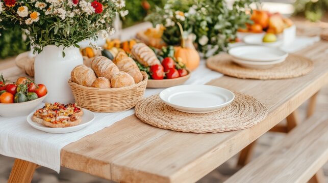 A beautifully arranged outdoor dining table featuring fresh fruits, vegetables, baked goods, and floral centerpieces, perfect for a gathering or celebration.