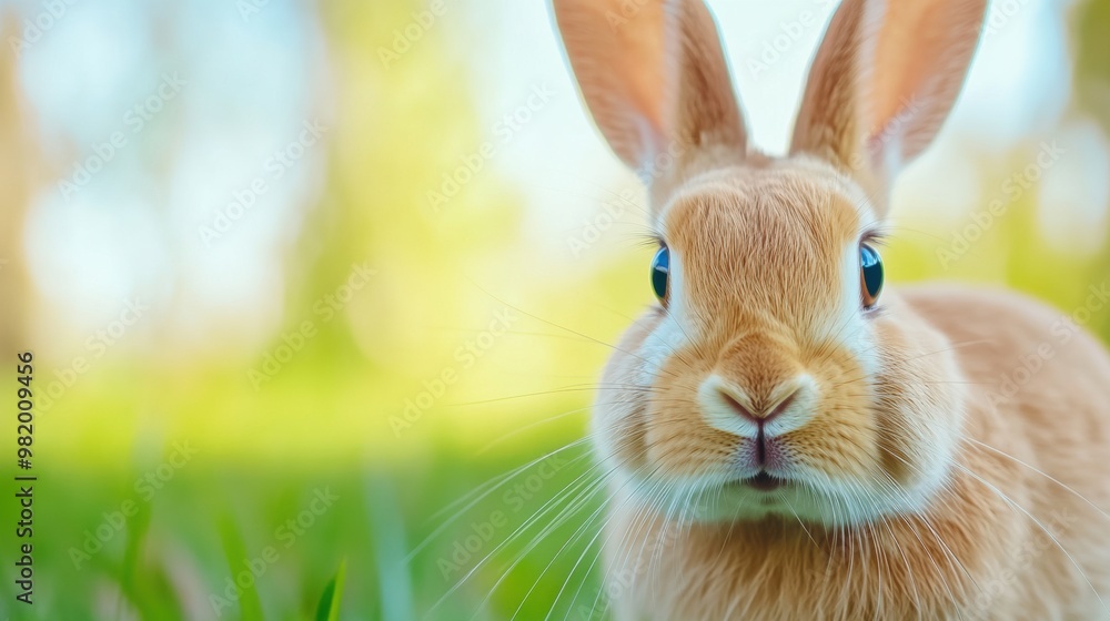 Poster a close up of a rabbit sitting in the grass with trees behind it, ai