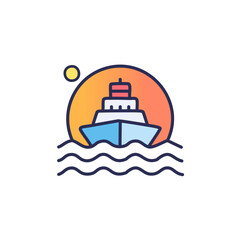 Obraz premium Abstract colorful ship and orange sky after sundown in the middle of sea vector art illustration icon design. Icon concept vector design