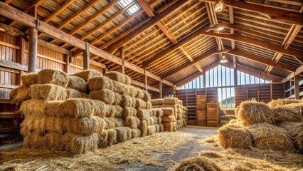 Dry hay stacks in rural wooden barn interior on the farm, hay, stacks, rural, wooden, barn, interior, farm, agriculture, storage