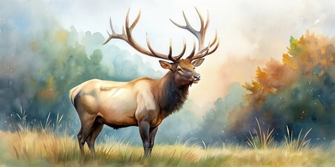 Realistic watercolor painting of a majestic Bull Elk in a natural setting , wildlife, nature, watercolor, painting, elk