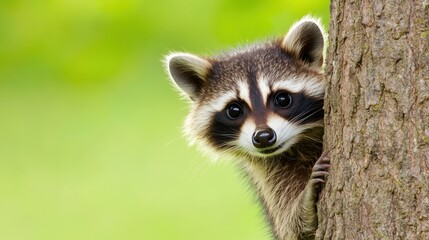 Fototapeta premium A raccoon peeking out from behind a tree trunk in the woods, AI