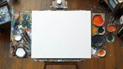 A blank canvas on an artist's easel surrounded by paint and brushes.