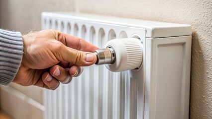 Close up of hand turning heating radiator valve on, heating, radiator, valve, control, adjust, temperature, warmth, cozy, home