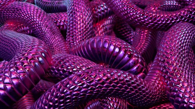 Pile of Pink Metallic Snakes Top View. 3D Looped Animation