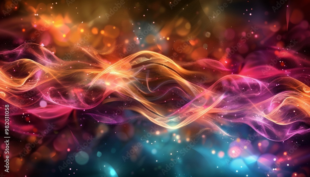 Poster Glowing neon light waves with vibrant particles and colorful bokeh background