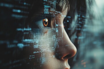 Serious Young Woman With Futuristic Holographic Interface, Cybersecurity and AI Concept