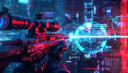 Tactical shooter aiming rifle at digital target in virtual reality simulation