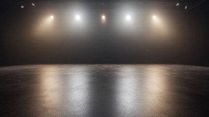 A dimly lit stage with bright lights, ready for a performance.