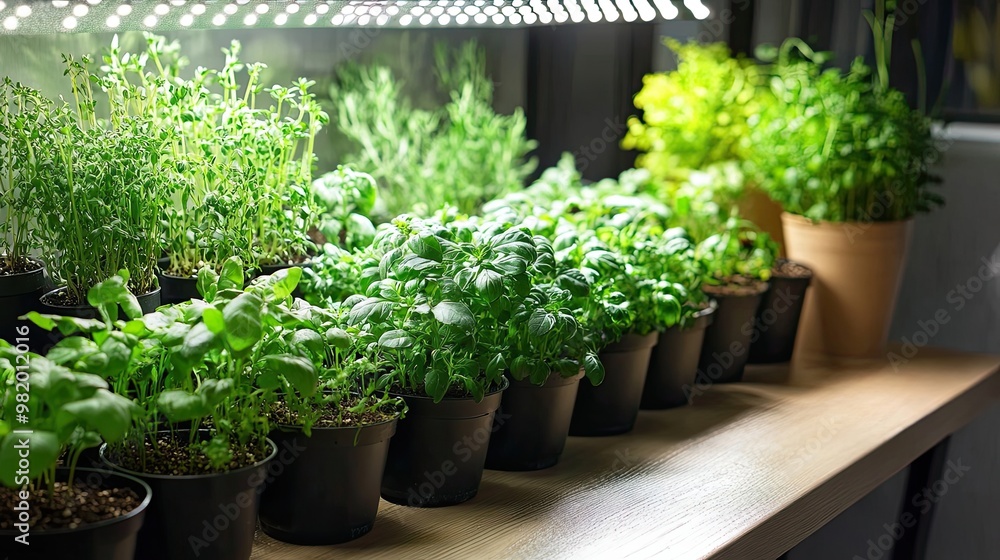 Wall mural indoor garden with various herbs growing under artificial light