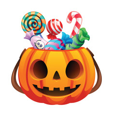 Carved Halloween pumpkin bucket filled with various colorful candies. Vector cartoon illustration