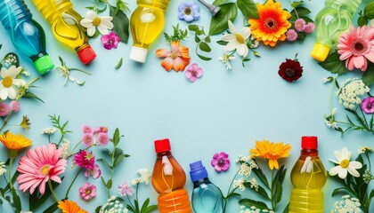 Colorful plastic bottles and flowers arranged on blue background