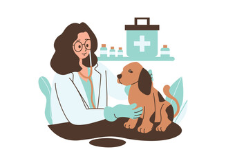 A cartoon illustration of a female veterinarian examining a dog in a clinic. She is wearing a stethoscope and holding the dog's paw.