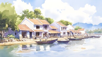 Obraz premium Coastal village with vibrant rainbow-colored buildings, palm trees gently swaying in the ocean breeze, painted in soft watercolor strokes, oil painting aesthetics