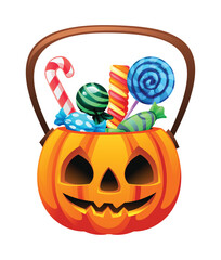 Halloween pumpkin bucket with candies and lollipops, perfect for trick or treat. Vector cartoon illustration