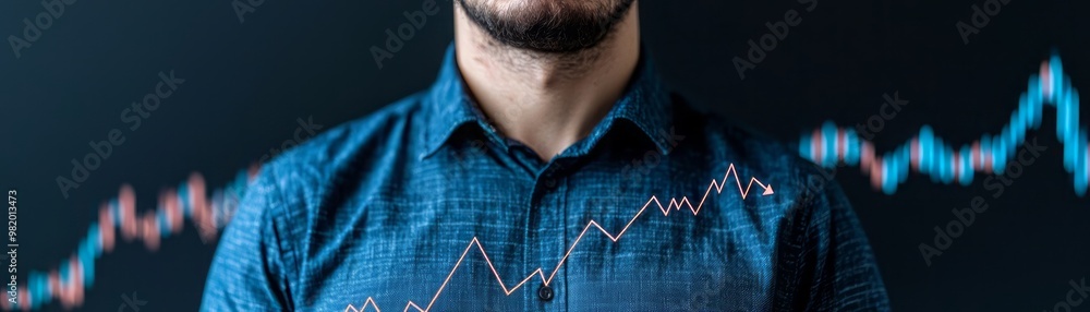 Poster professional man analyzing data trends with graphs in the background, showcasing modern business and