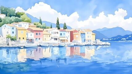 Tranquil village by the sea, houses painted in vivid blue, red, and yellow, calm waters, portrayed in a blend of watercolor and oil painting techniques