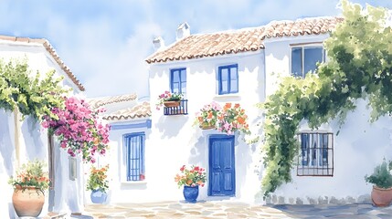 Picturesque Mediterranean village, white-blue facades, colorful floral displays in every window, watercolor technique with delicate, flowing colors