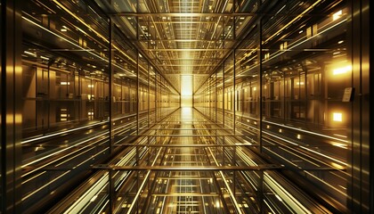 Futuristic Glowing Golden Elevator Corridor