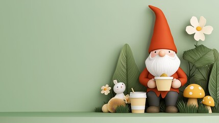 A garden gnome wearing an orange hat holds a cup while sitting next to a bunny and yellow mushrooms in a playful nature-inspired scene with large leaves and flowers.
