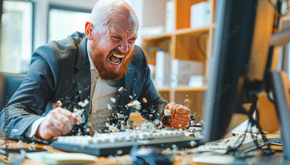Poster a man seated at a desk working on a computer and keyboard, engrossed in his tasks