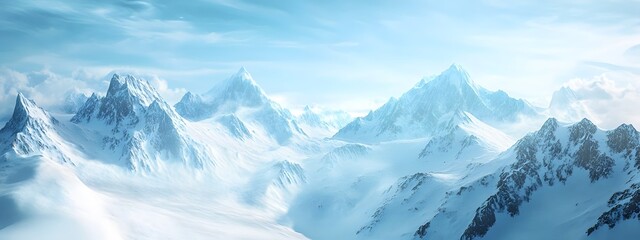 Obraz premium Beautiful snow-covered mountains against the blue sky. Panoramic view of a winter landscape in the highlands