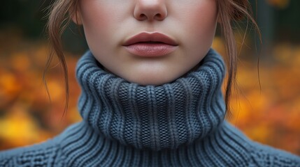 Fototapeta premium Close-up of a woman's lips and knit turtleneck sweater, capturing the textures of cozy winter fashion against a backdrop of autumn leaves.