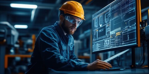 Engineer in protective gear analyzing data on computer in industrial setting; modern technology and industry concept.