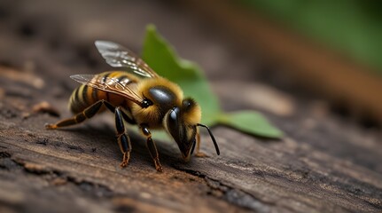 Close up photo of deceased bee on leaf from declining. generative ai