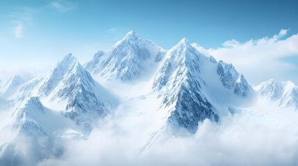 Fototapeta premium Beautiful snow-covered mountains against the blue sky. Panoramic view of a winter landscape in the highlands