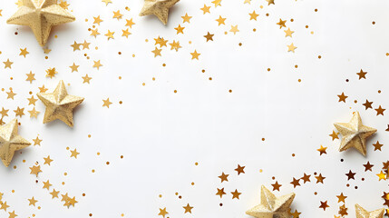 Gold frame with gold stars on a white background; flat lay, top view, copy space.