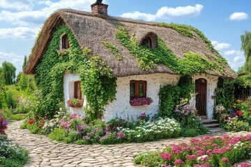 Charming thatched cottage surrounded by vibrant flowers.