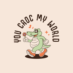 illustration of retro crocodile cartoon character walking carrying flowers