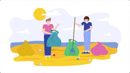 two individuals cleaning a beach with trash bags under the sun illustration animated video