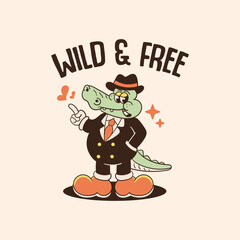 retro illustration of gangster crocodile cartoon character