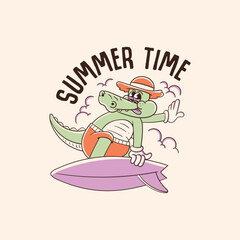 retro illustration of surfing crocodile cartoon character