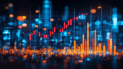 Financial Cityscape Glowing Charts, Graphs, Market Growth, Trading Data Visualization.