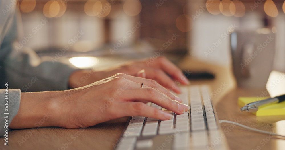 Poster typing, office and hands of business person on computer for online project, proposal and research. c