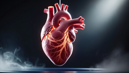 A close-up of a human heart, veins and arteries glowing faintly, suspended in a dark lab