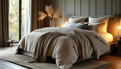 Cozy bedroom ambiance with exquisite bedding and interior details