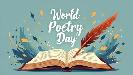 World Poetry Day: Creative Illustration with Open Book and Feather Quill for Literary Celebration