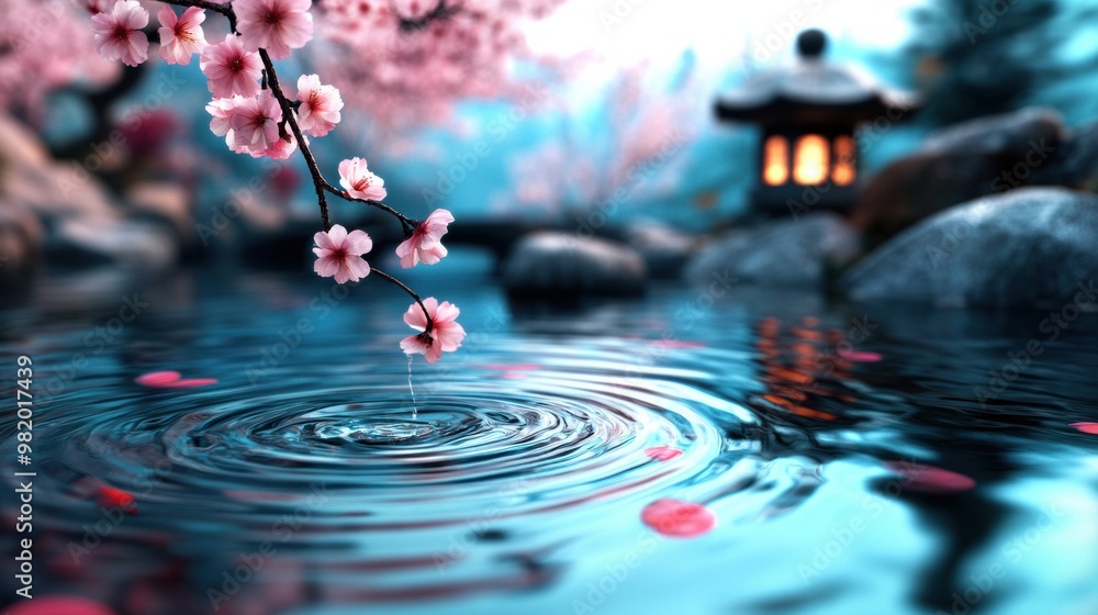 Wall mural A small japanese or chinese pond with a lantern in the background and some water droplets, AI