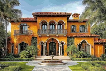 Fototapeta premium Luxurious orange mansion with lush landscaping.