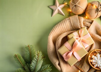 Christmas postcard, Christmas tree, presents and decorations, cope space