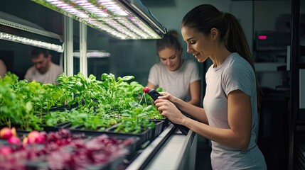 Obraz premium Young Woman Watering Plants in an Indoor Garden Under Artificial Lights